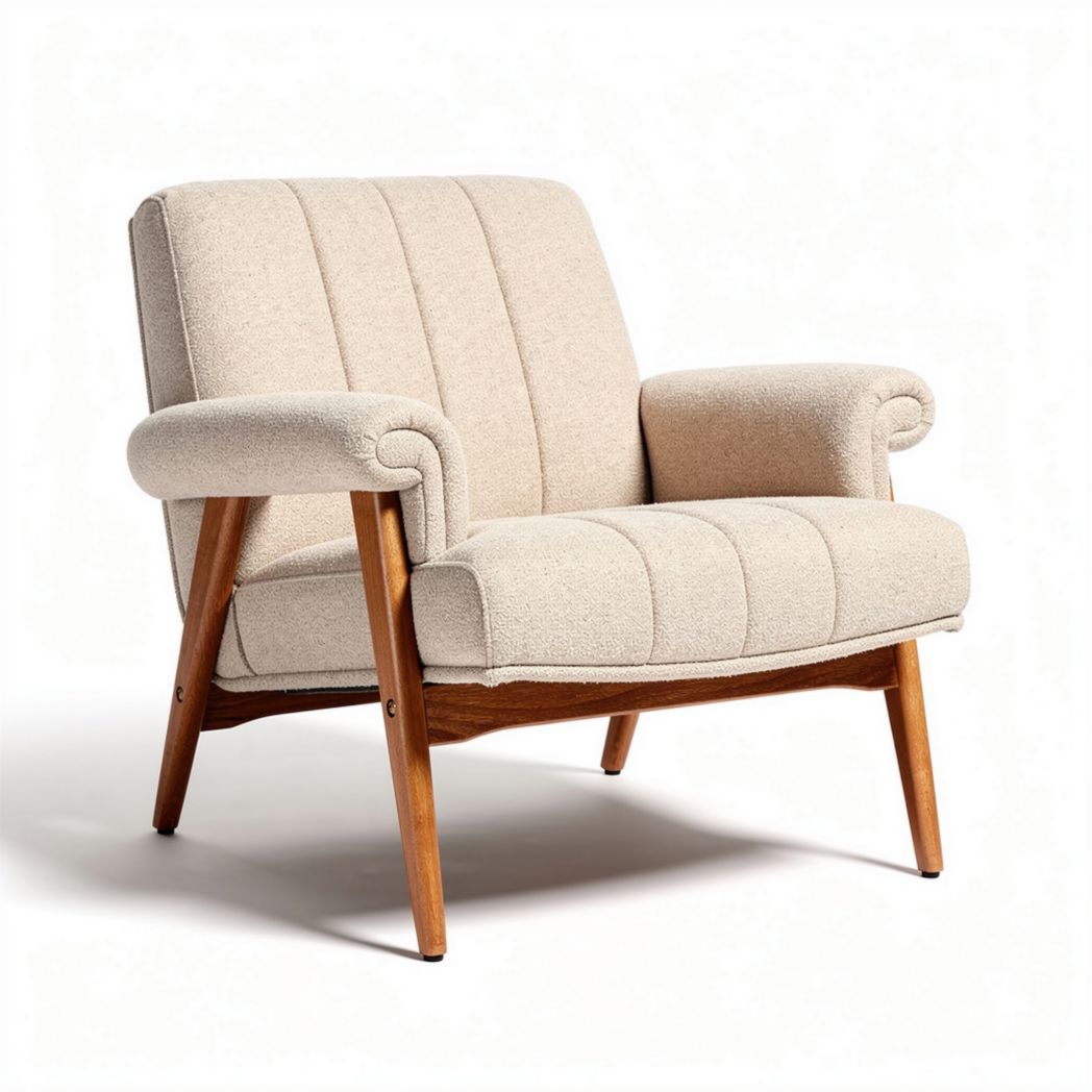 Fauteuil rétro en tissu beige avec pieds en bois dimensions 80 x 90 x 75cm