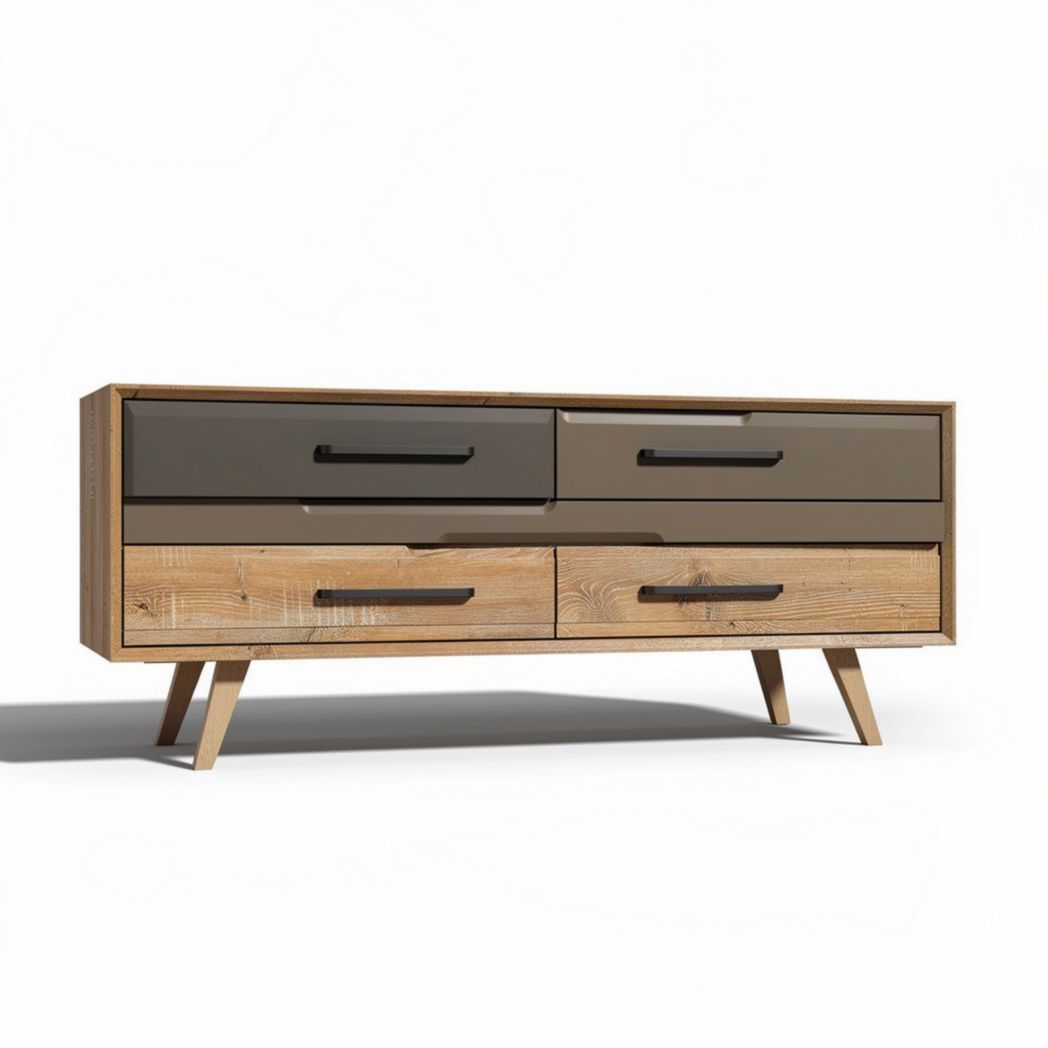 Meuble sous télé en bois avec finitions grises et dimensions 150 x 40 x 60cm