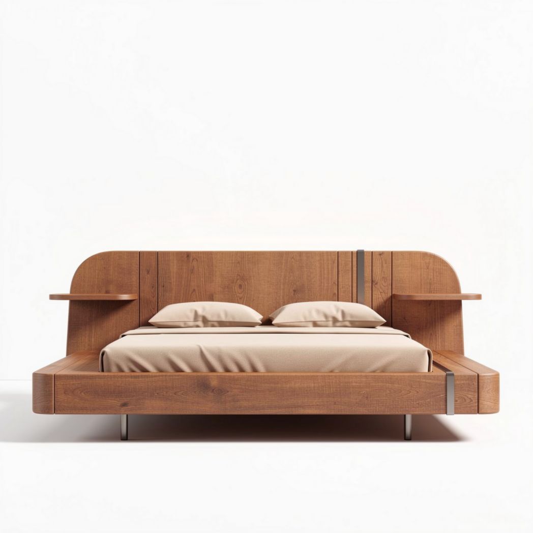 Lit en bois de chêne 200 x 160 x 100cm avec têtes de lit intégrées et tablettes