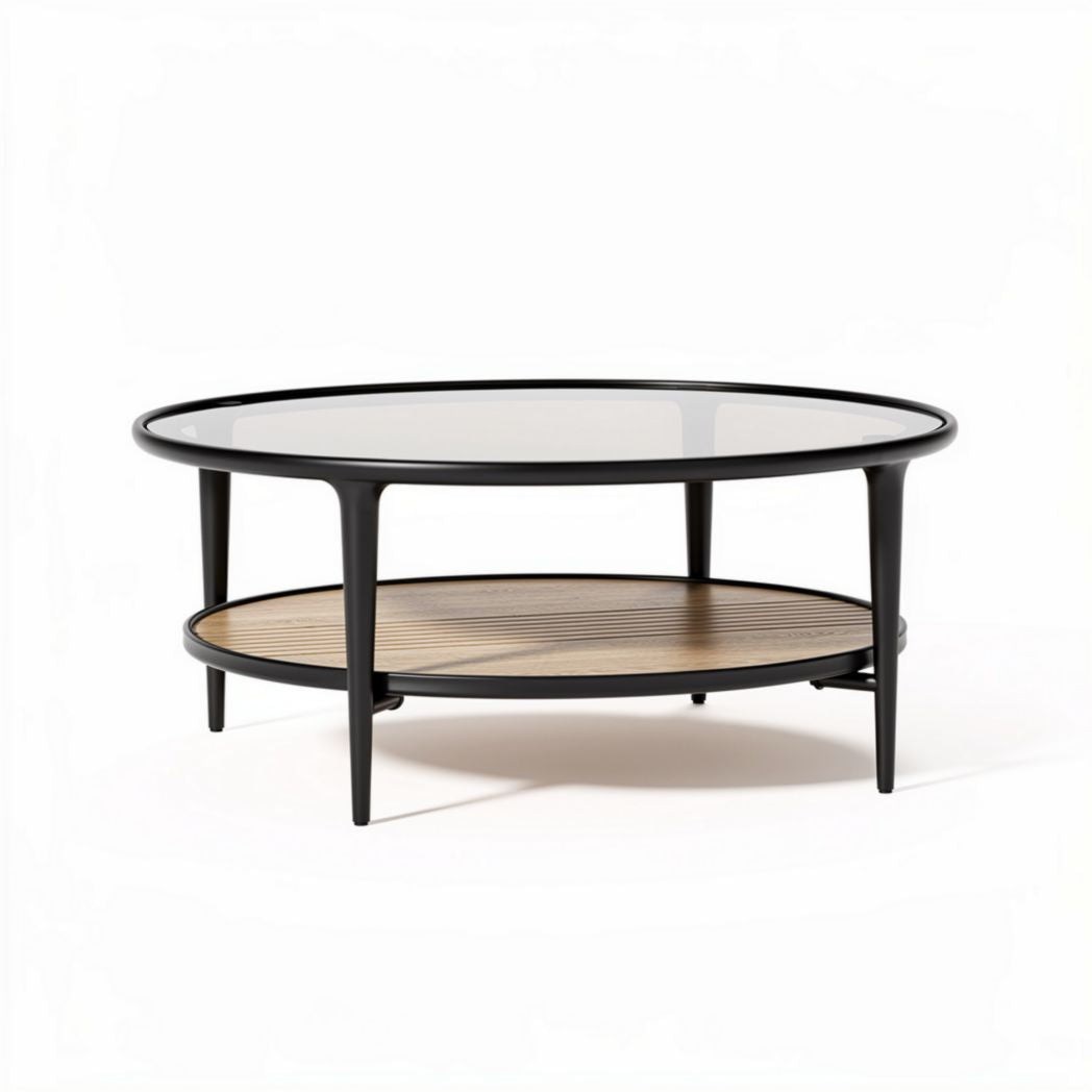 Table basse ronde en verre et bois couleur noir 100 x 100 x 40cm