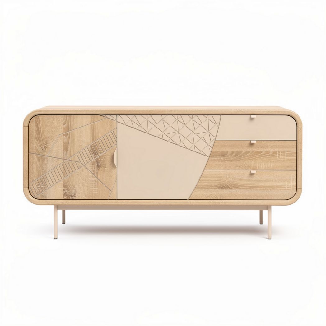 Buffet en bois avec portes graphiques et tiroirs en couleur beige 150 x 50 x 70cm