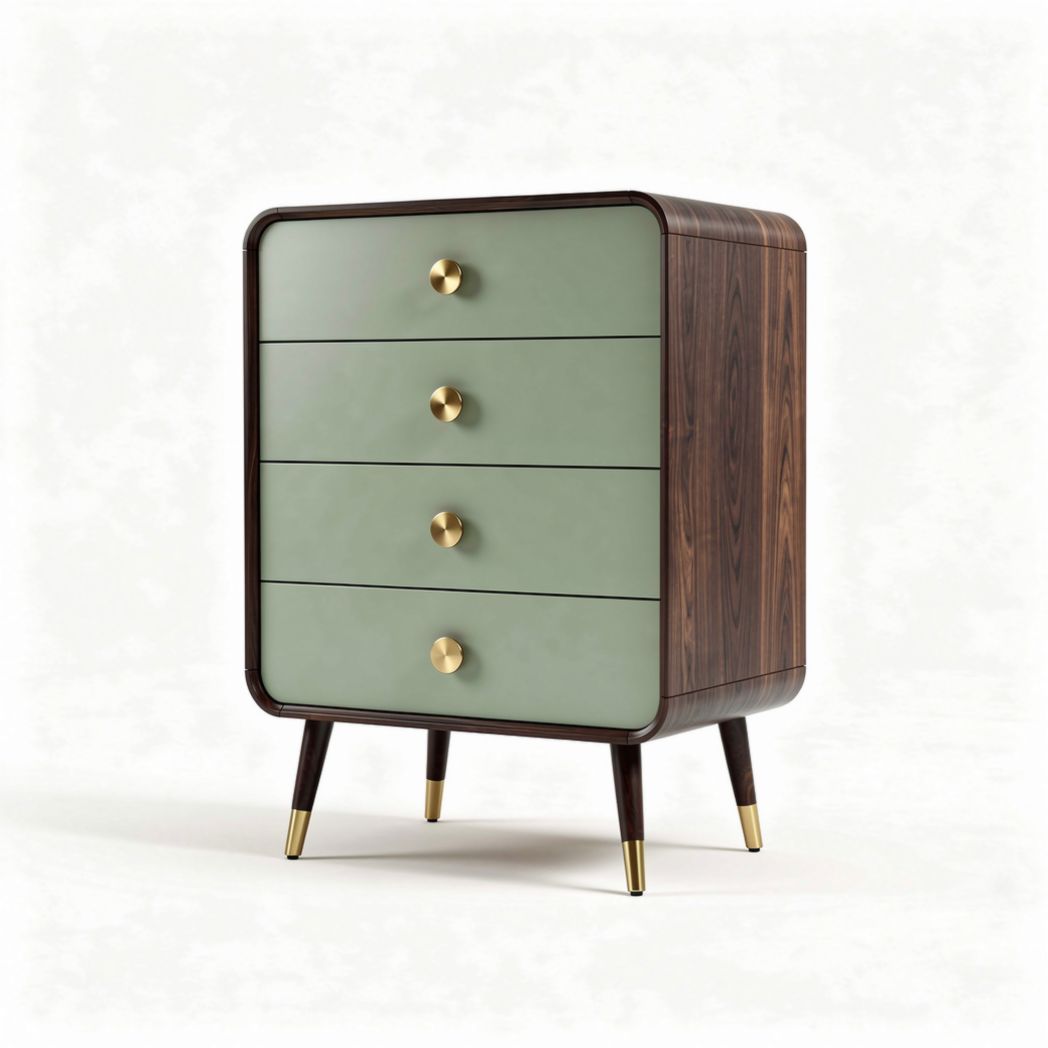 Commode moderne en bois foncé avec tiroirs vert clair et détails dorés 60 x 40 x 80cm
