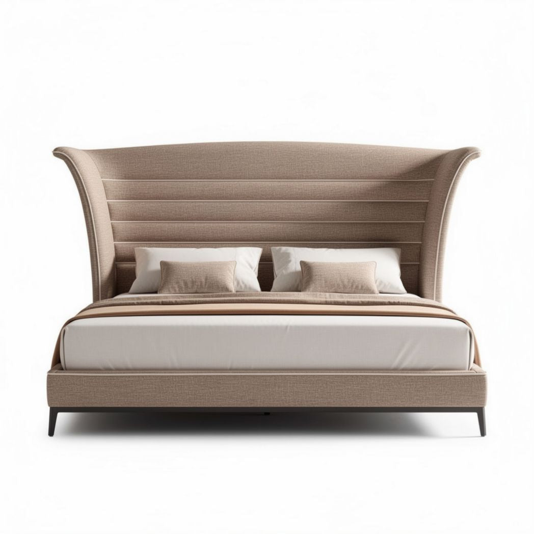 Lit contemporain en tissu beige avec têtes de lit incurvées dimensions 200 x 160 x 120cm