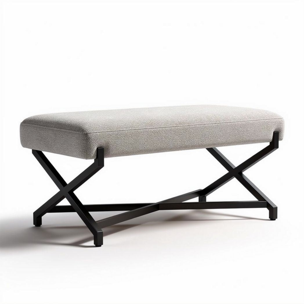 Banc en tissu gris avec structure en métal noir 120 x 50 x 45cm