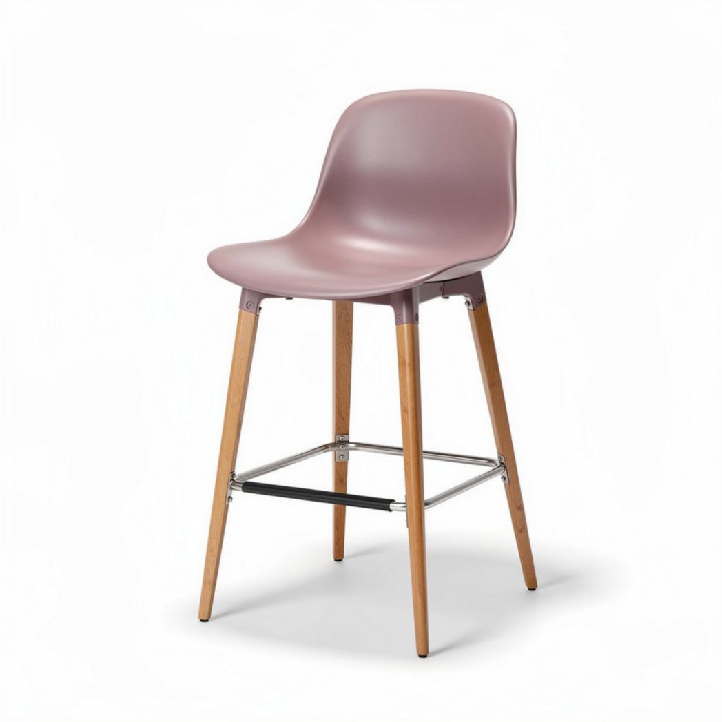 Tabouret de bar en plastique rose avec pieds en bois et support en métal 45 x 40 x 100cm