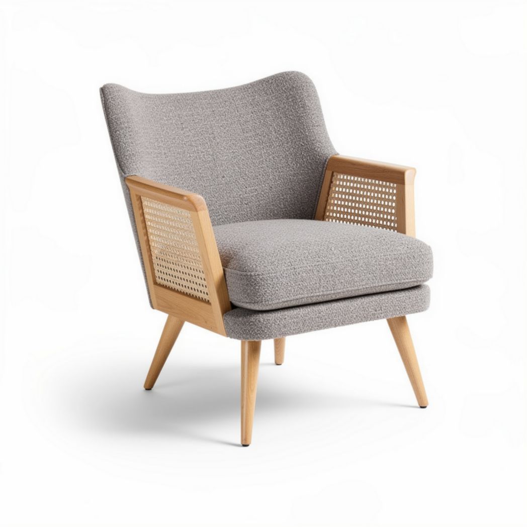 Fauteuil en tissu gris avec accoudoirs en bois et piètement en hêtre 80 x 75 x 85cm